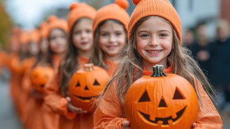 A group of joyful children with pumpkins, dressed warmly, enjoying an outdoor Halloween celebration during the autumn season.の素材