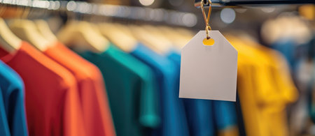 A vibrant display of colorful t-shirts featuring a blank price tag for easy brandingの素材
