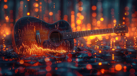 A double exposure image featuring a guitar surrounded by vibrant glowing orange lights in a dark, atmospheric setting.の素材