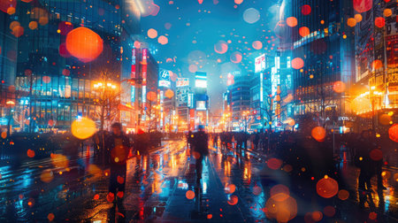 Double exposure of a city skyline at night overlaid with reflections and vibrant lights.の素材