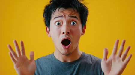 A dynamic portrait capturing a young Asian man's exaggerated expression of surprise against a vivid yellow backdrop.の素材