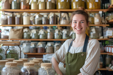 A cheerful storekeeper standing in a zero-waste shop surrounded by eco-friendly products and sustainable goods.の素材