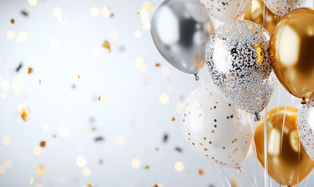 A glamorous scene of gold and silver balloons surrounded by falling confetti, perfect for festive occasions.の素材