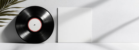 A vinyl record placed beside a blank white square mockup, providing ample copy space for creative design.の素材