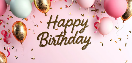 A stylish and festive happy birthday card featuring gold balloons, pink background, and shiny confetti.の素材