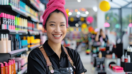 Asian Woman Smiling in Beauty Store. A.I.の素材