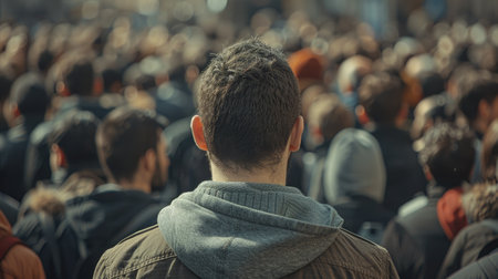 A lone man viewed from behind stands among a densely gathered crowd at a protest, highlighting individual participation in collective action.の素材
