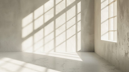 Sunlight filters through a window, casting geometric shadows on a textured concrete wall.の素材