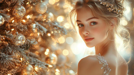 A beautiful ballerina gracefully poses beside a Christmas tree adorned with festive lights and ornaments.の素材