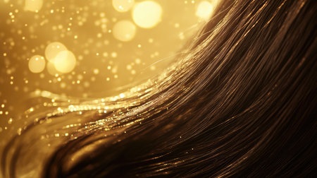 A close-up image of brunette hair adorned with golden sparkles, illuminated by warm bokeh lights, highlighting luxury and elegance.の素材