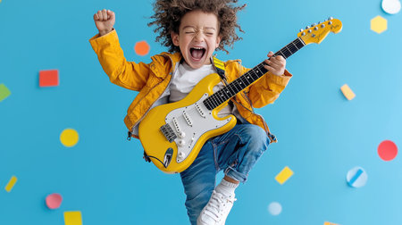 A cheerful young boy energetically plays an electric guitar, showing his joy and excitement.の素材