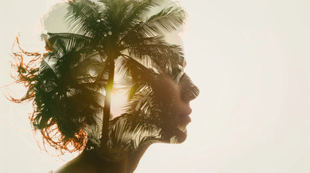 A captivating double exposure image blending a woman's profile with a tropical sunset and palm trees.の素材