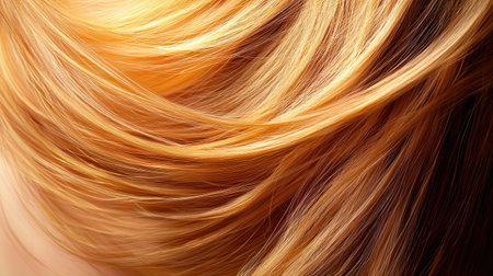 A close-up shot of soft, wavy blonde hair illuminated by warm lighting, showing natural beauty and texture.の素材
