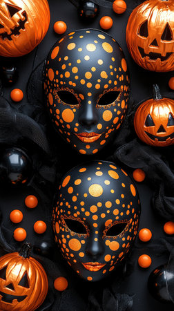A sophisticated Halloween flat lay featuring an elegant mask, pumpkins, and festive decorations in striking black and orange colors.の素材