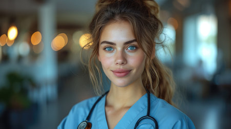 A close-up portrait of a smiling female doctor wearing scrubs and a stethoscope, conveying compassion and professionalism.の素材
