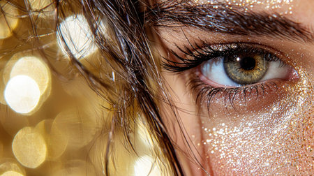 A captivating close-up of an eye surrounded by golden glitter and bokeh lights, highlighting exquisite makeup artistry and radiant beauty.の素材