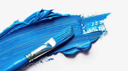 A single thick oil paint brush stroke in vibrant blue with a brush, isolated on a white background, showing textured and detailed artistic expression.の素材