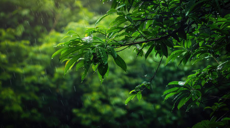 Lush green leaves glisten with fresh raindrops after a rejuvenating forest shower.の素材