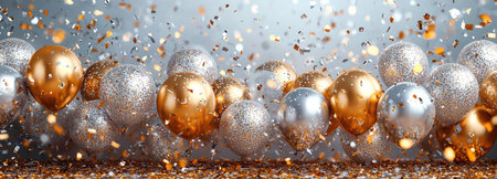 A glamorous scene of gold and silver balloons surrounded by falling confetti, perfect for festive occasions.の素材