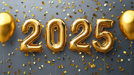 Shiny golden balloons forming the year 2025 with confetti on a gray background, perfect for New Year celebrations.の素材