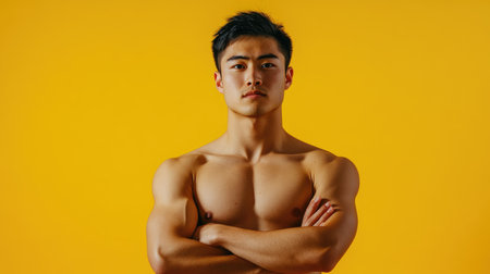 A muscular Asian male with a serious expression displays confidence and strength against a yellow background.の素材