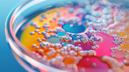 A close-up image showing a vibrant array of microbial cultures in a petri dish, representing diversity in microbiology.の素材