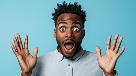 An African American male expresses surprise with wide eyes and open mouth against a blue studio background.の素材