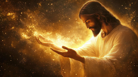 Jesus Christ is depicted harnessing divine light, surrounded by celestial radiance, symbolizing creation and divine power.の素材