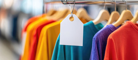 A vibrant display of colorful t-shirts featuring a blank price tag for easy brandingの素材