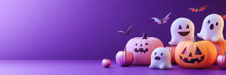 Adorable 3D Halloween scene with smiling ghosts and pumpkins on a vibrant purple background, perfect for seasonal promotions and marketing.の素材