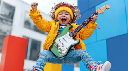 A cheerful young boy energetically jumps while playing an electric guitar outdoors, radiating joy and excitement.の素材