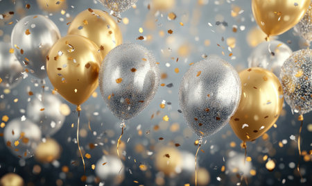 A glamorous scene of gold and silver balloons surrounded by falling confetti, perfect for festive occasions.の素材