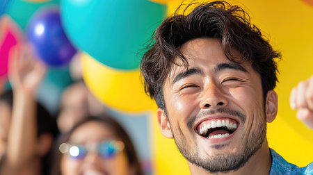 A joyful Asian male with a big smile, celebrating in a lively festive atmosphere.の素材