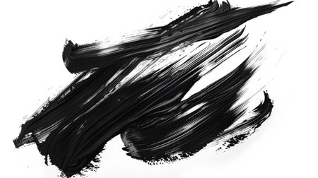 A bold Asian brush strokes in deep black ink isolated on a white background, showing expressive calligraphy.の素材