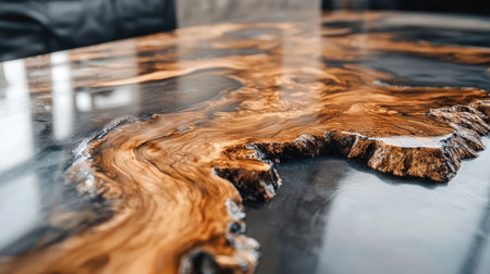 A close-up of a polished, glossy epoxy table showing intricate wood detailing and elegant craftsmanship.の素材