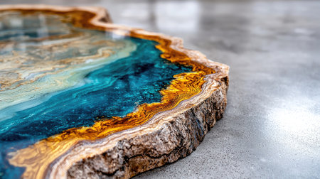 A close-up of a polished, glossy epoxy table showing intricate wood detailing and elegant craftsmanship.の素材
