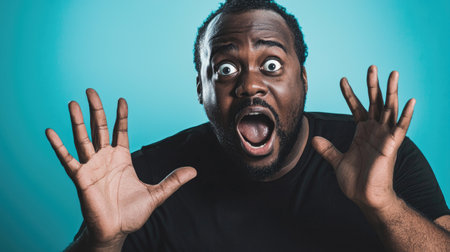 An African American male expresses surprise with wide eyes and open mouth against a blue studio background.の素材