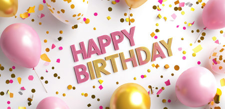 A stylish and festive happy birthday card featuring gold balloons, pink background, and shiny confetti.の素材