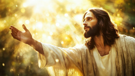Jesus Christ extends his hand, bathed in divine light, symbolizing compassion, guidance, and divine connection.の素材