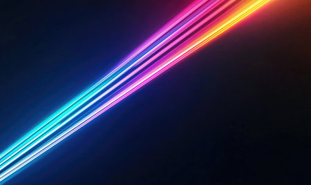 A vibrant abstract image featuring colorful neon light rays creating a dynamic burst of speed and energy.の素材