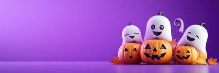Adorable 3D Halloween scene with smiling ghosts and pumpkins on a vibrant purple background, perfect for seasonal promotions and marketing.の素材