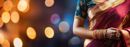 A young Hindu woman in a traditional saree, adorned with golden jewelry, under festive lights.の素材