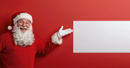 Santa Claus joyfully gestures towards a blank space, perfect for holiday season promotions.の素材