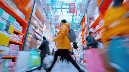 Shoppers hustle through a mall, seeking deals on Black Friday.の素材