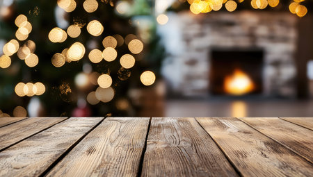 An empty wooden tabletop presents a perfect display space against a blurred festive Christmas background with a glowing fireplace and twinkling lights.の素材