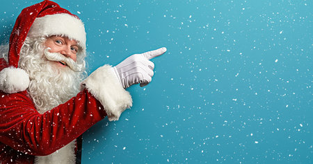 A joyful Santa Claus in snowy weather points upwards, signaling festive promotions.の素材
