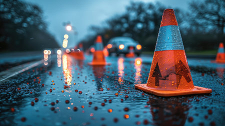 Wet traffic cones line a rainy road with blurred vehicle lights in the background, emphasizing safety measures during poor weather conditions.の素材