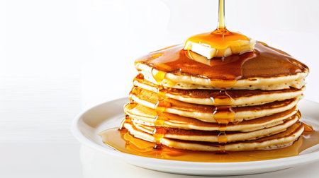 The image features a stack of golden-brown pancakes drizzled with syrup and topped with a pat of butter.の素材