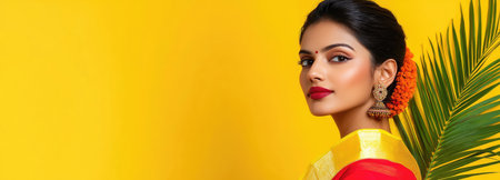 Indian woman in a vibrant saree poses with ornate kundan jewelryの素材
