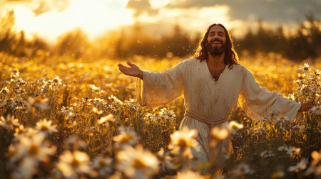 Jesus Christ walks joyfully through a sunlit natural landscape, radiating peace and spiritual tranquility.の素材